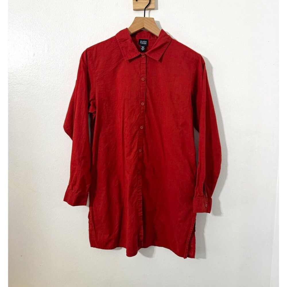 Eileen Fisher Womens S Red Orange Cotton Button Front Tunic Shirt LS Side Slit